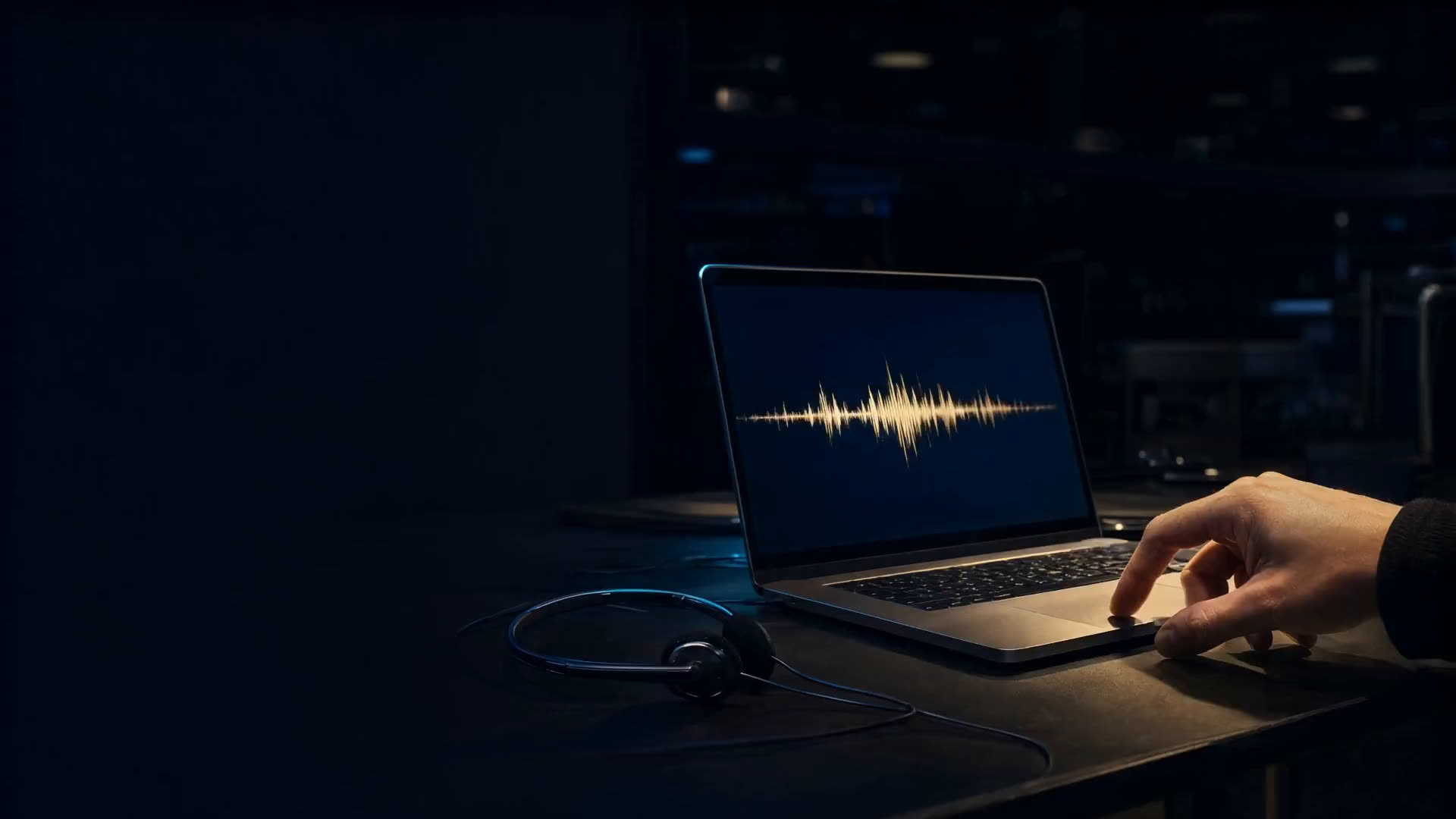 A headset beside a laptop showing a glowing sound wave