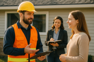 Roofing contractor speaking with client at a home exterior, with a roofing call center agent on headset in background, warm professional tone, natural daylight